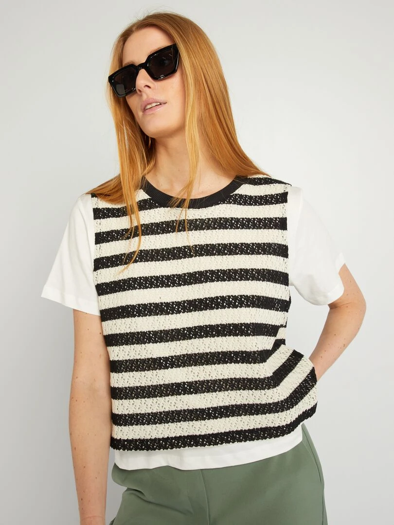 T shirt + pull sans manches effet 2 en 1 Blanc/noir