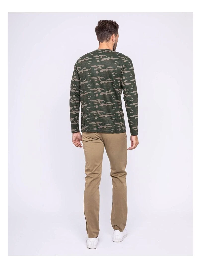 T shirt manches longues col rond pur coton JESTIN Kaki