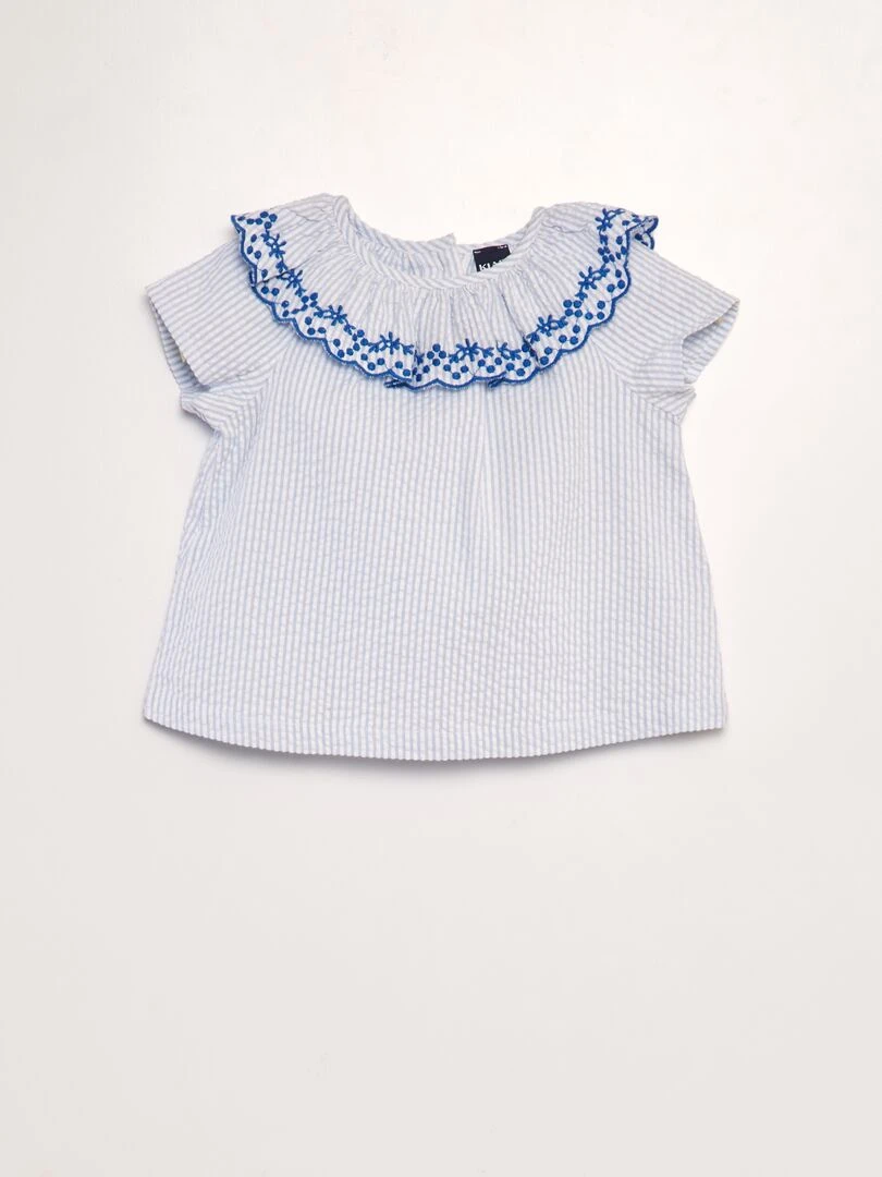 Ensemble blouse + short rayé et brodé 2 pièces Bleu