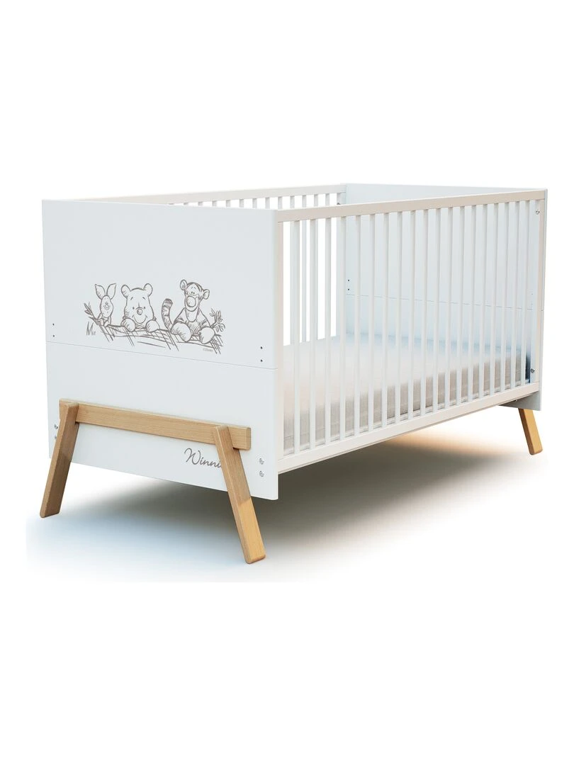 AT4 Lit évolutif 70x140cm CANAILLE Winnie Blanc et Hêtre Verni Marron foncé