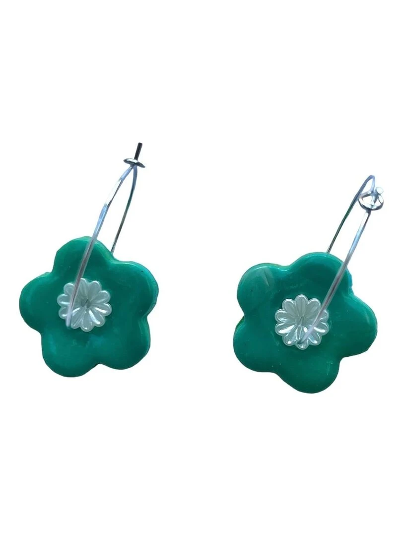Boucles d'oreilles  créoles fleur verte   Modèle fait main   Vert