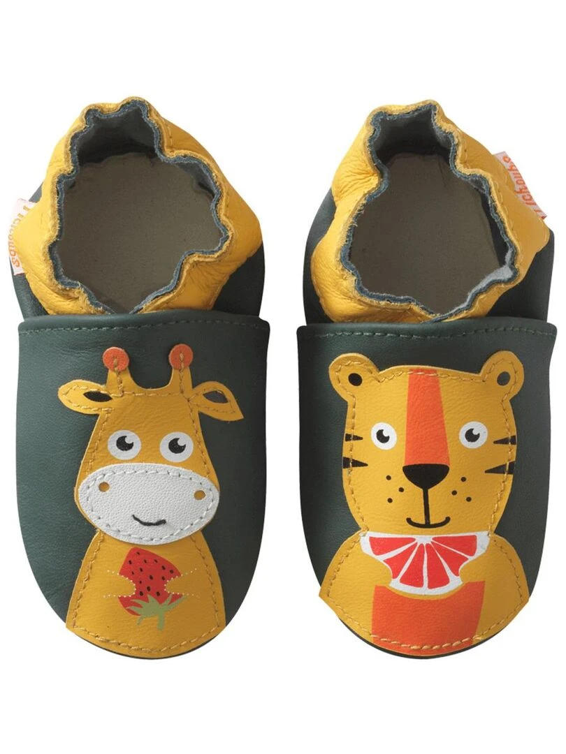 Chaussons bébé cuir souple Gabriel et Gustave prennent le goûter Vert
