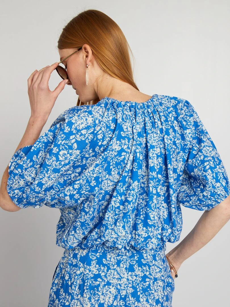 Blouse crop top à manches ballons   Bleu