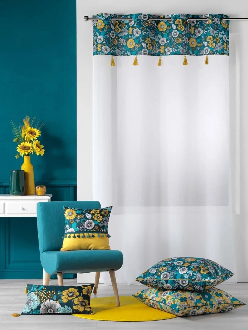 Voilage sablé imprimé floral Bleu