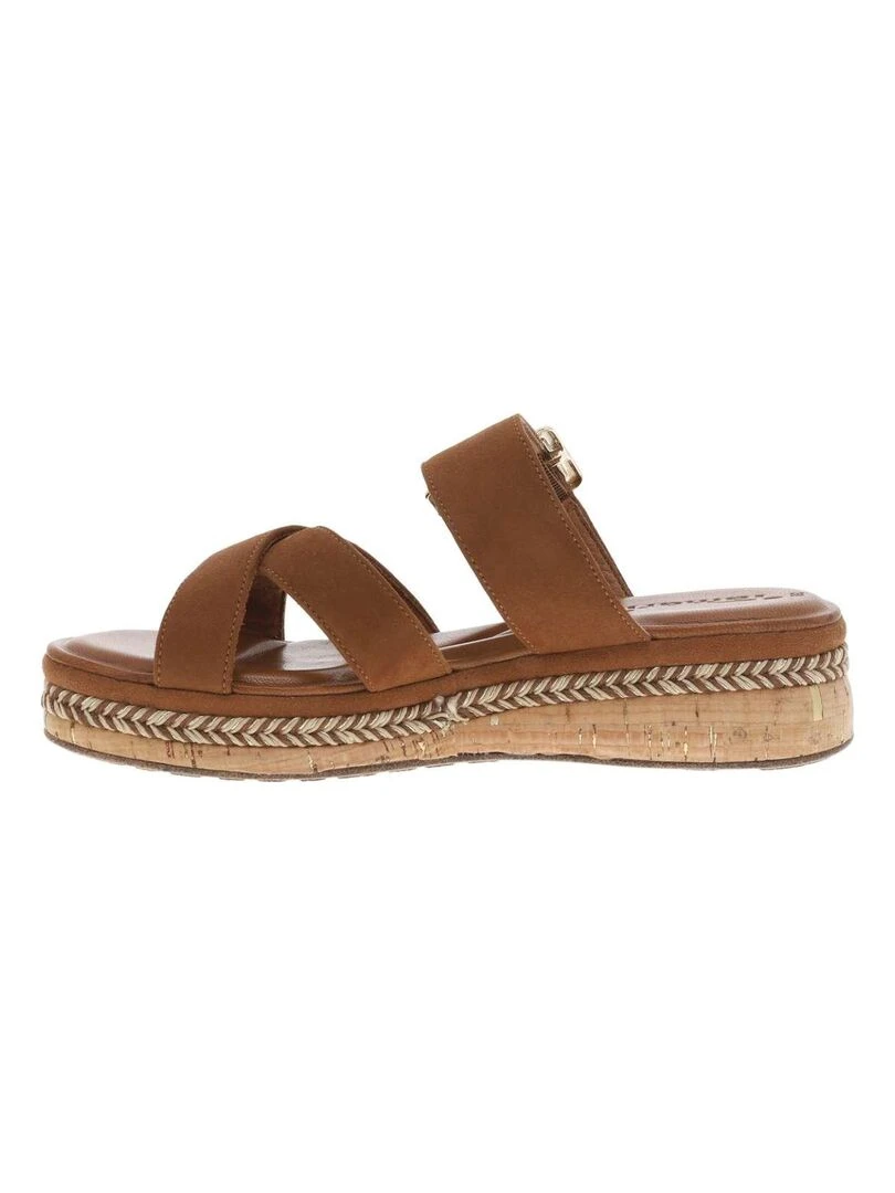 TAMARIS   Mules cuir talon compensé   Cognac