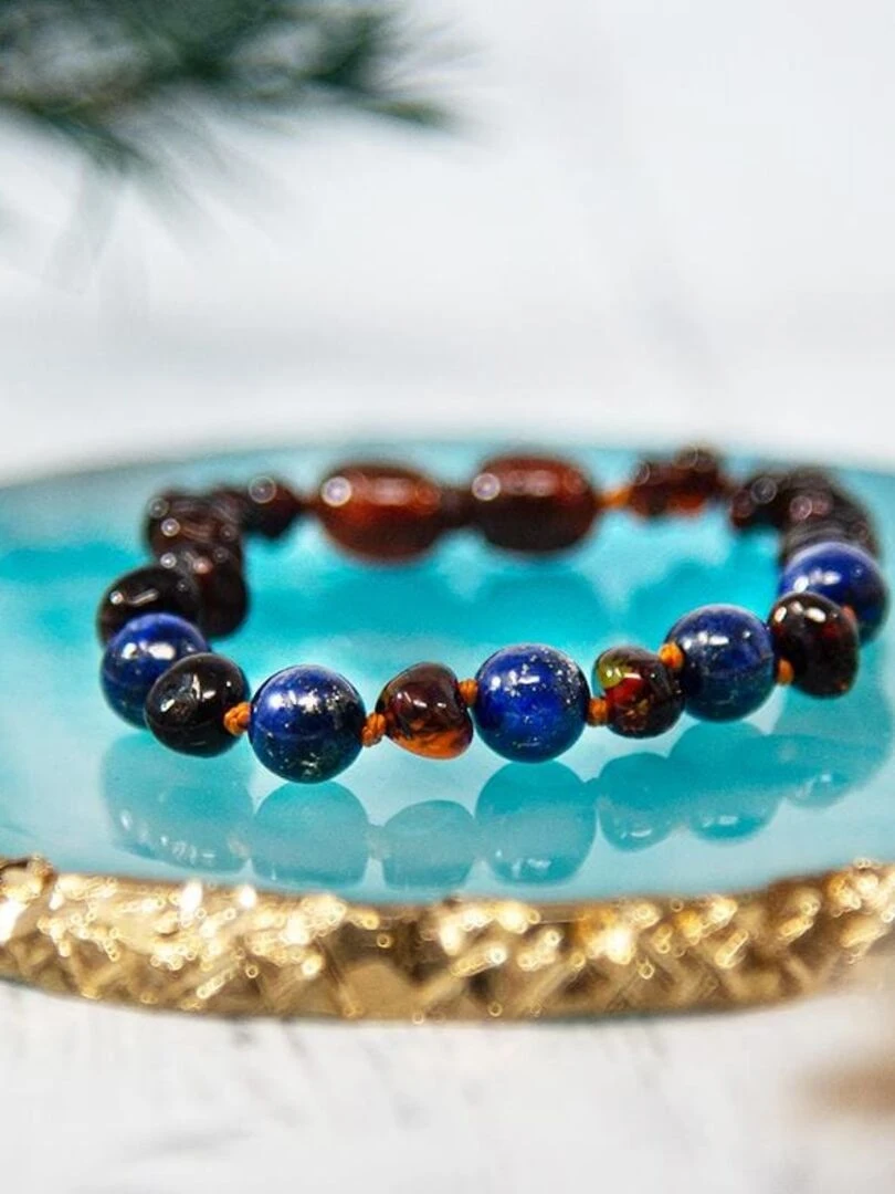 Bracelet bébé Ambre et pierres naturelles Ambre Cognac / Lapis lazuli Bleu