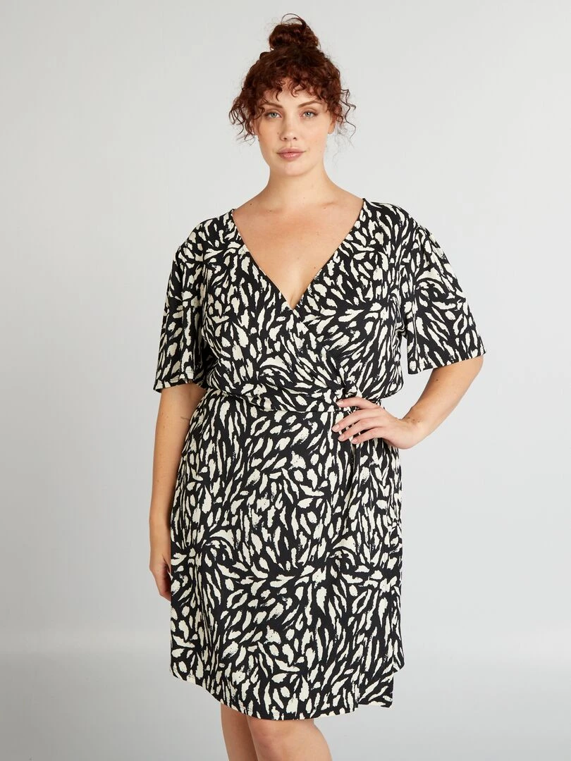 Robe portefeuille crêpée à motif Noir