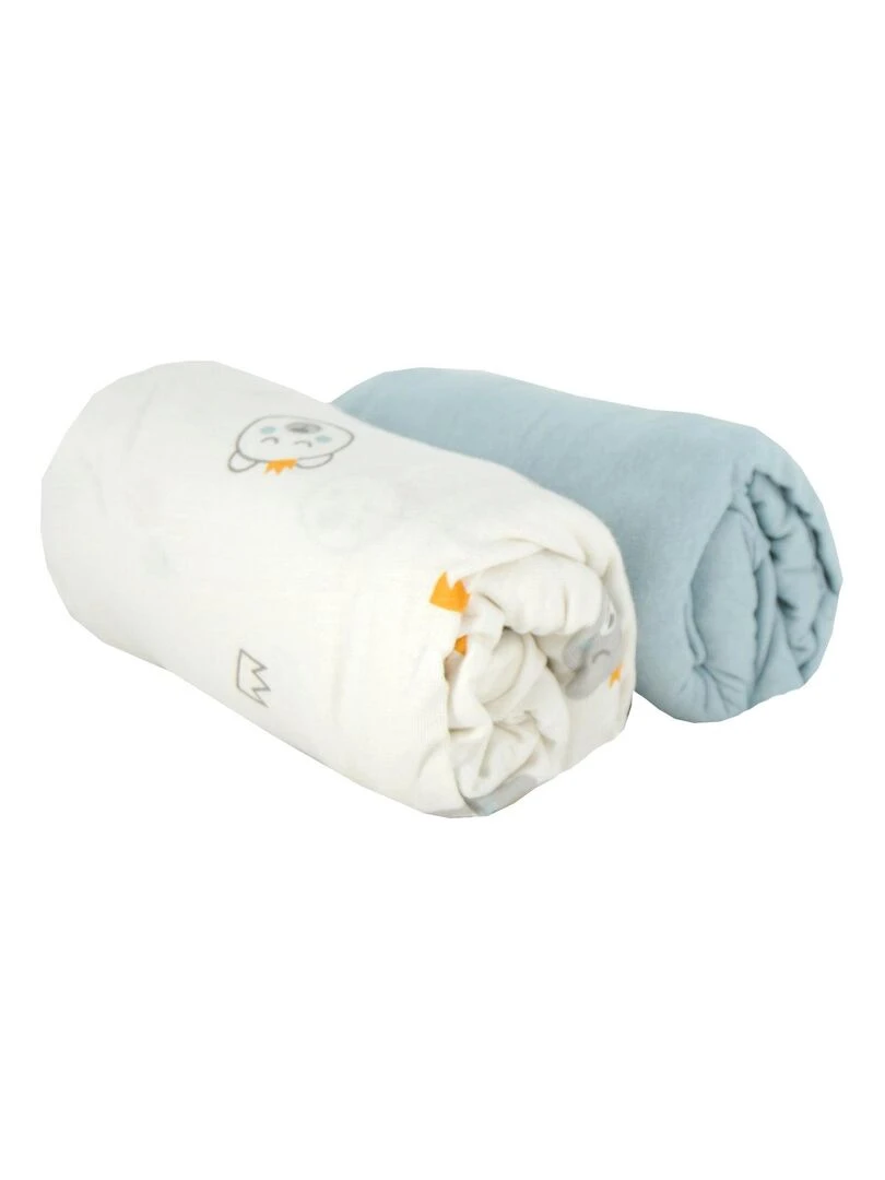 Lot de 2 draps housses 60x120 cm   Ours + Bleu   Gris Bleu