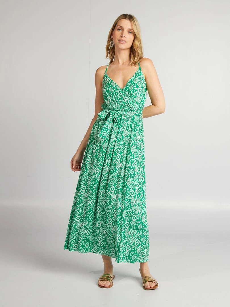 Robe ceinturée à bretelles fines Vert/blanc