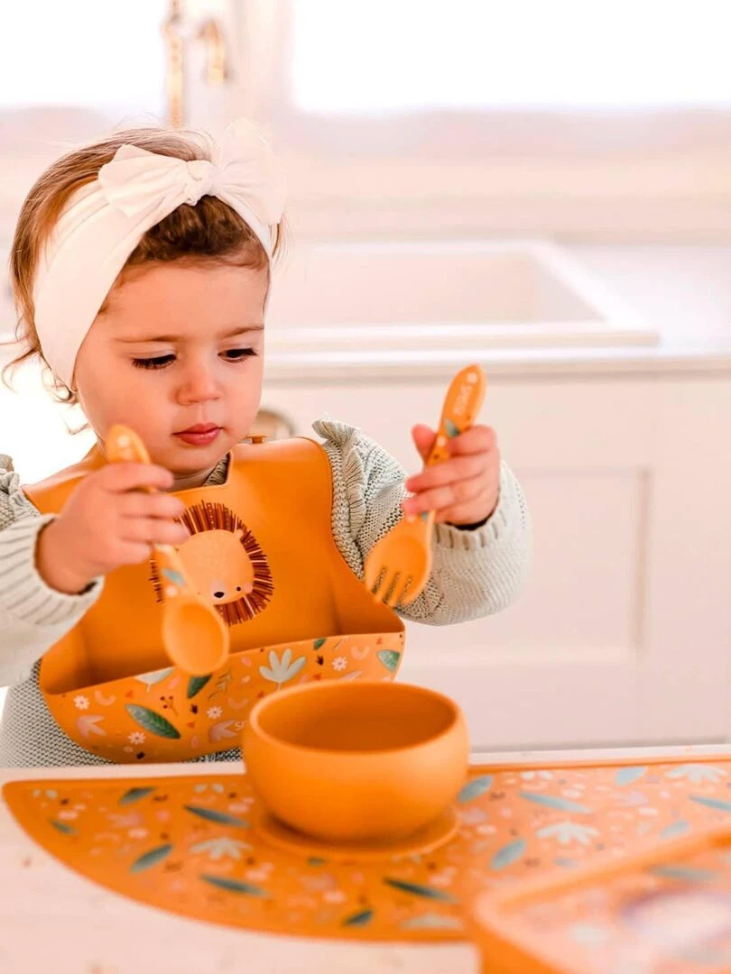 Assiette compartimentée en silicone avec ventouse Animaux Orange