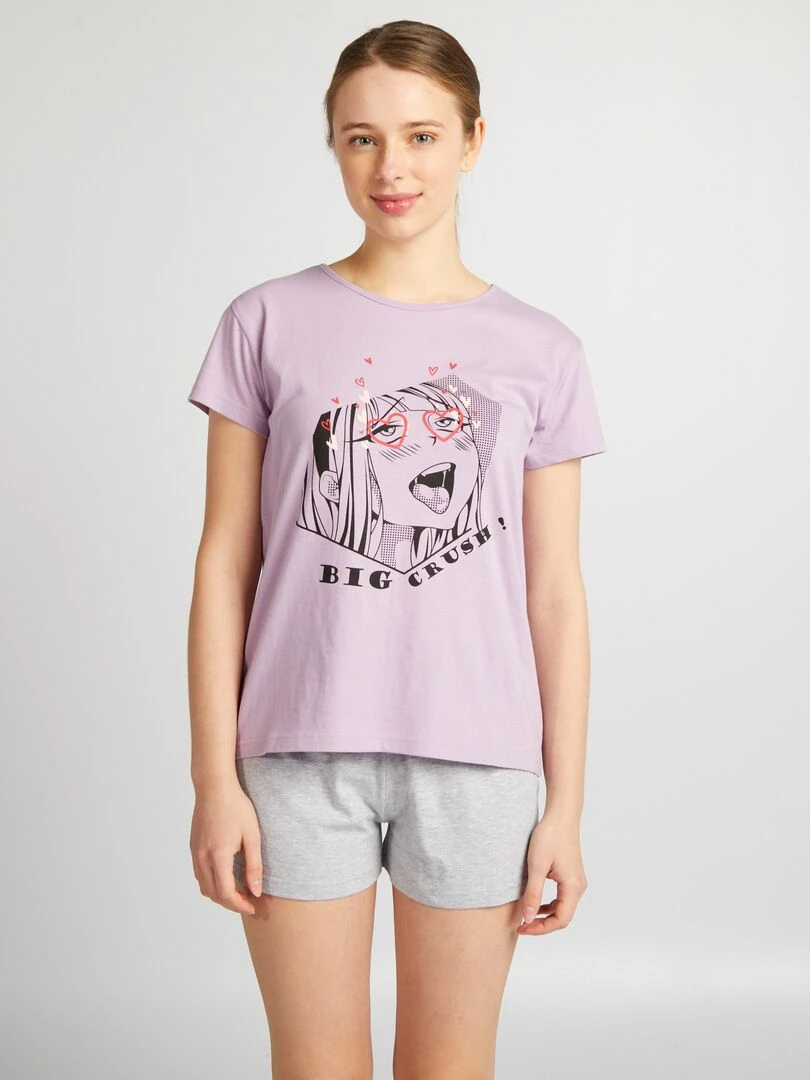 Pyjama short imprimé manga 2 pièces violet/gris