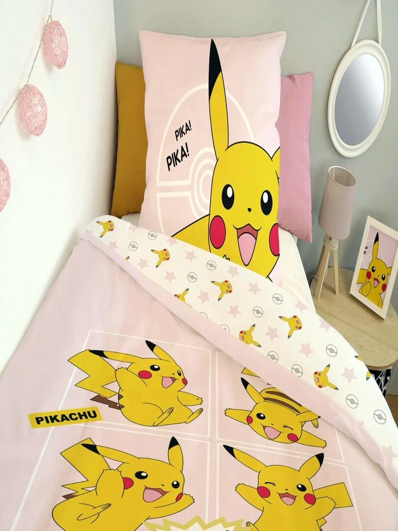 Housse de couette Pikachu Pokémon 140x200 cm   100% Coton   Rose Pale   Rose