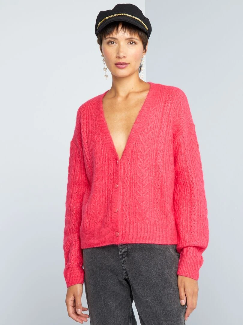 Gilet boutonné en maille ajourée   rose azalée