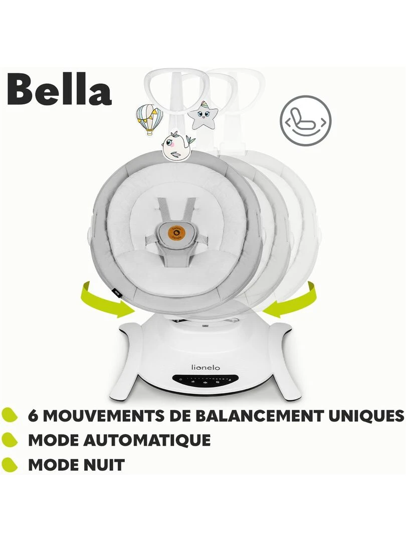 LIONELO Bella   Balancelle Bébé Électrique 360°   Léger   12 mélodies   6 modes   Télécommande   Gris Blanc