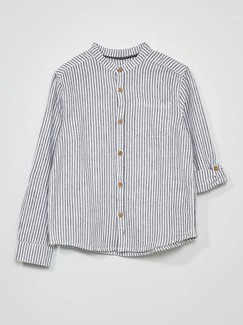 Chemise en lin col mao Blanc/bleu