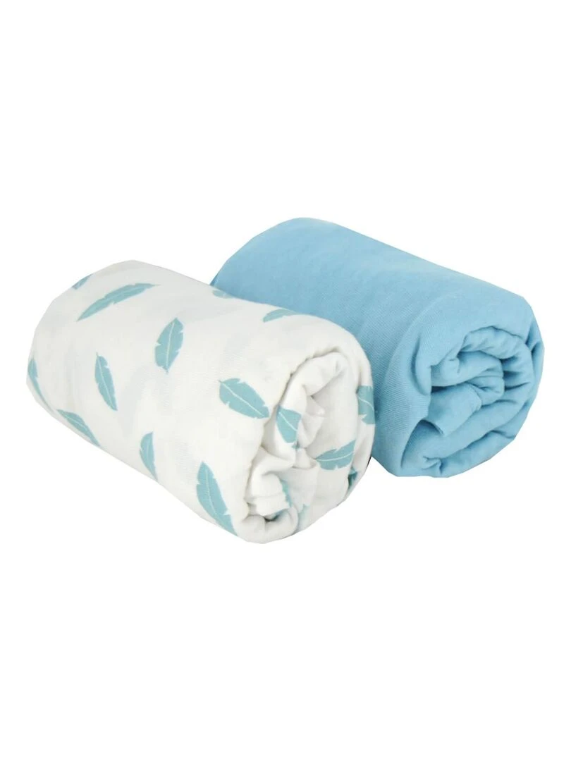 Lot de 2 draps housse 60x120x15 cm   Plumes bleues   Bleu