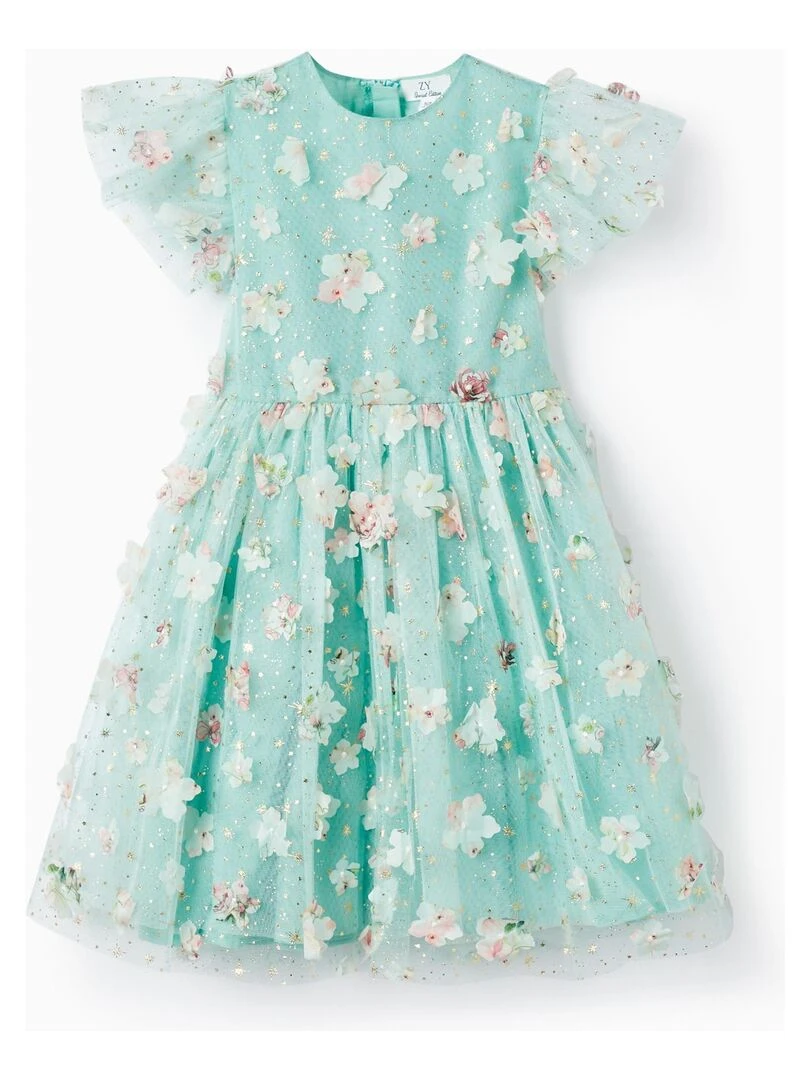 Robe en Tulle et Fleurs pour Fille manches courtes CÉRÉMONIE Vert