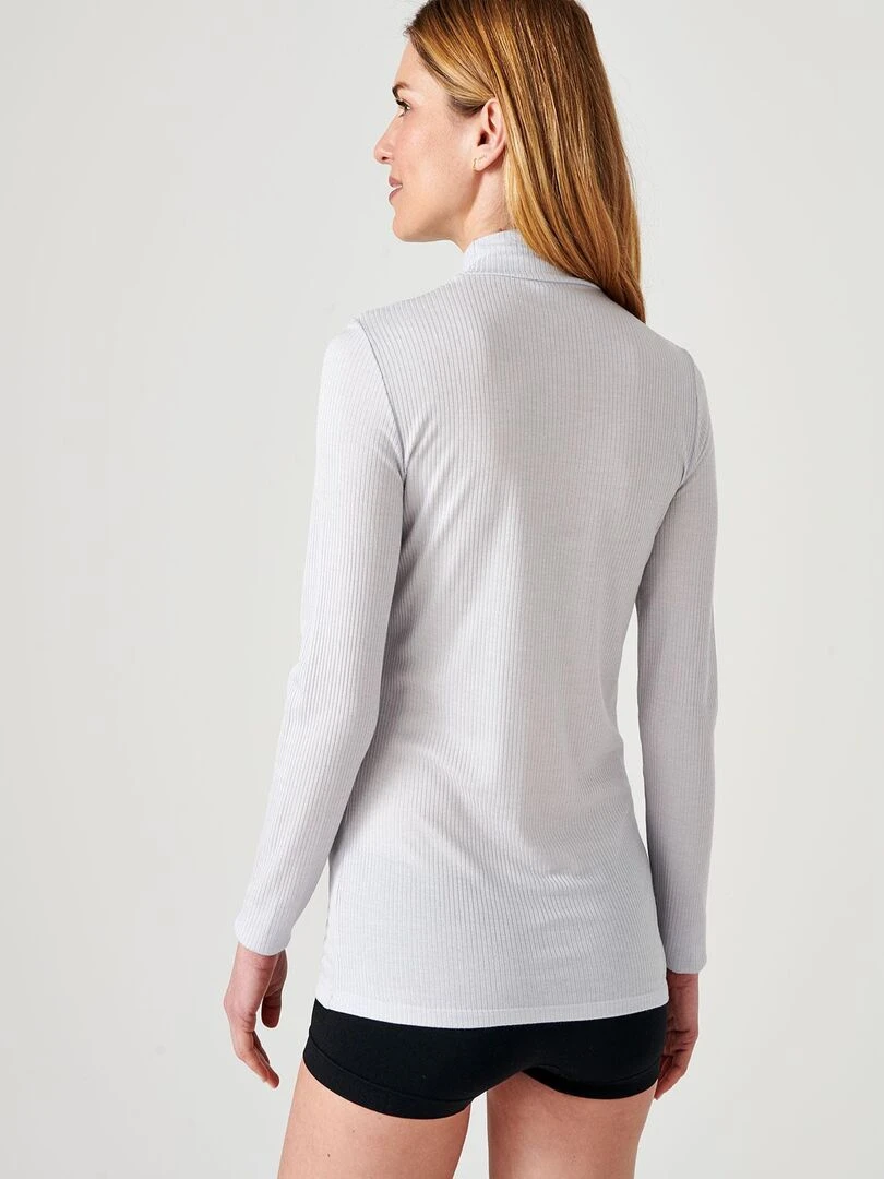 Sous pull col montant maille côtelée Thermolactyl et soie   Damart   Gris perle