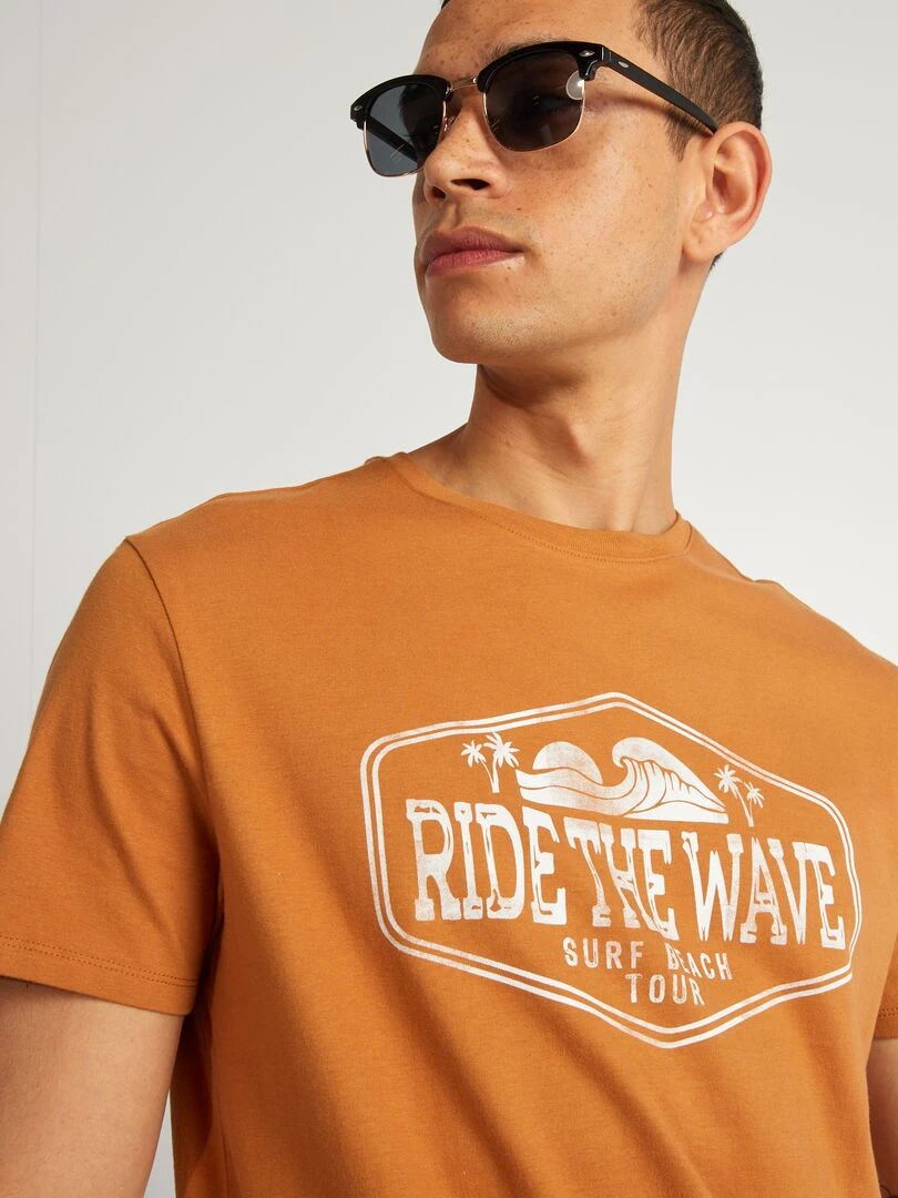 T shirt en coton imprimé à col rond   Marron
