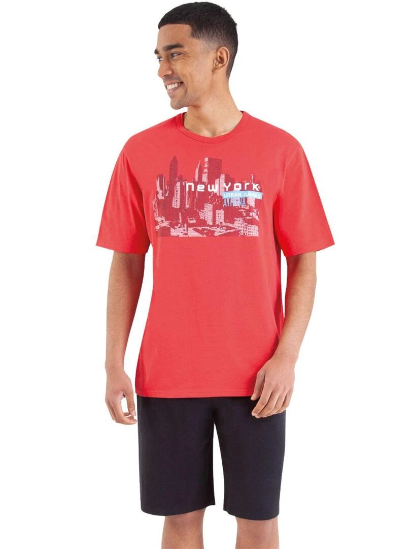Pyjama court col rond homme Nightwear Noir Rouge
