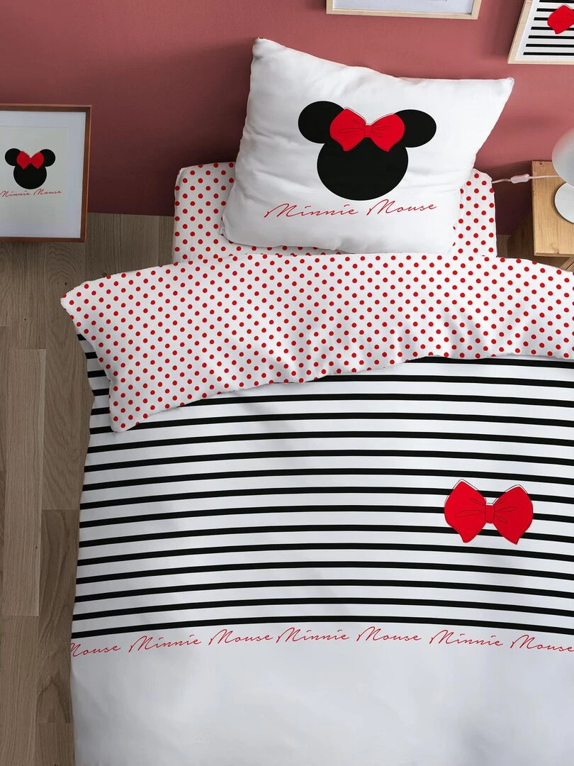 Parure de lit imprimée 100% coton DISNEY HOME MINNIE STRIPES Blanc Rouge