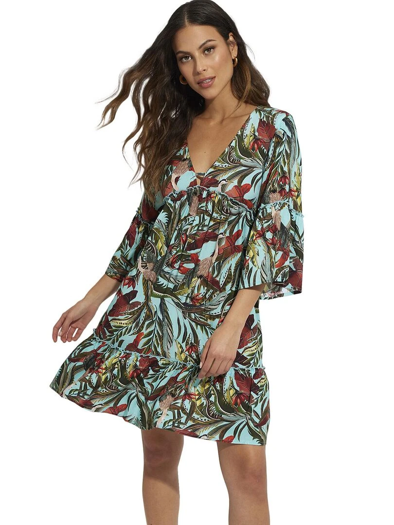 Robe de plage manches trois quarts Galapagos Bleu turquoise