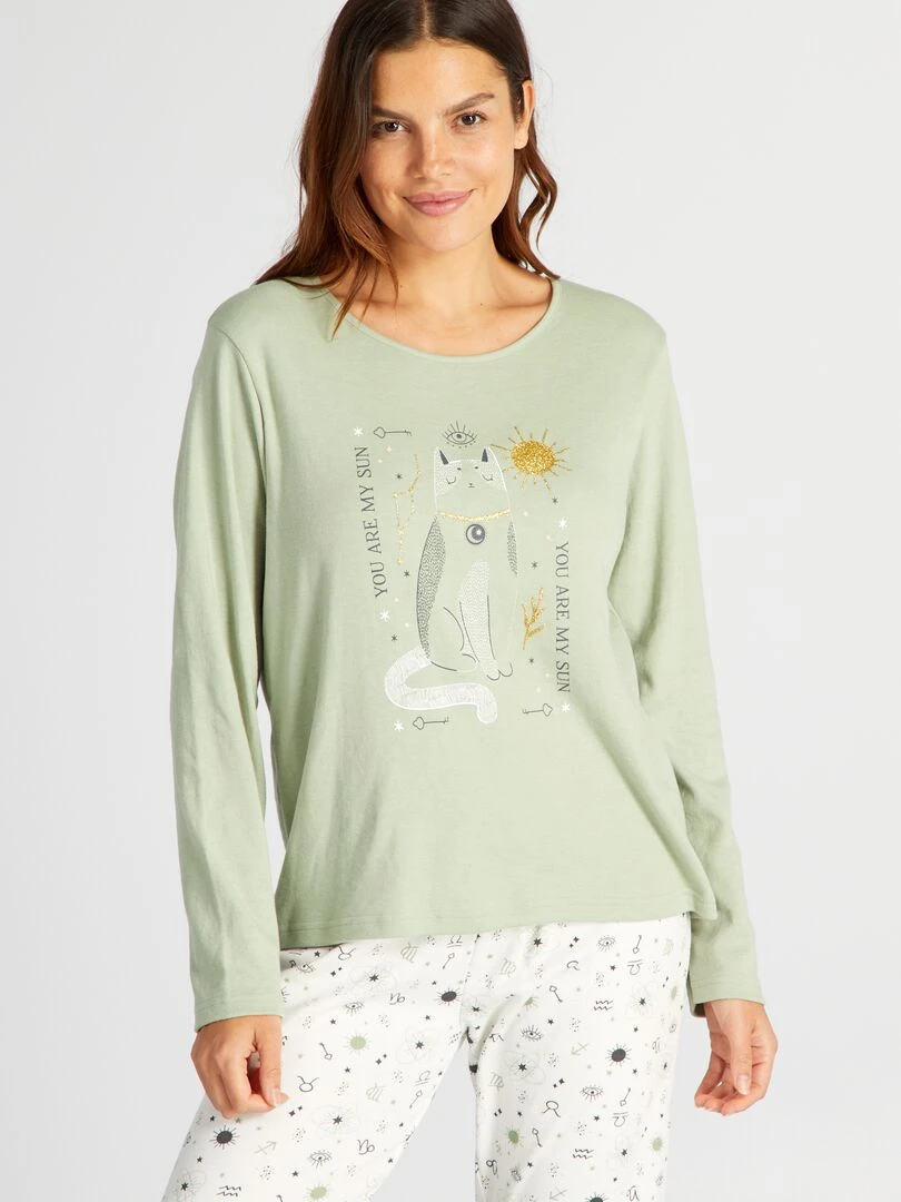 Ensemble pyjama long t shirt + pantalon en jersey 2 pièces Vert