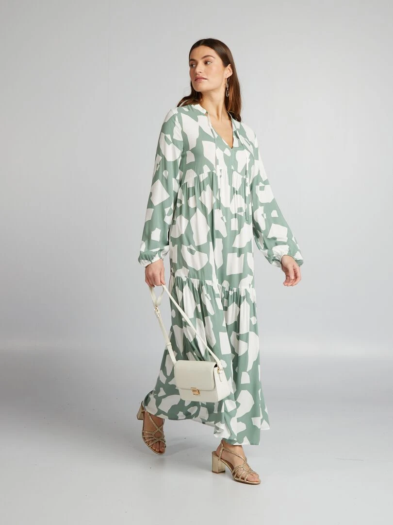 Robe midi imprimé col tunisien Vert
