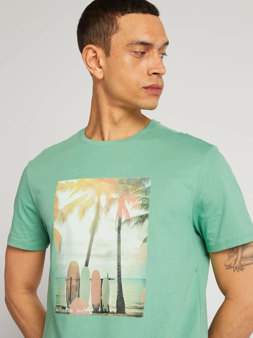 T shirt en coton imprimé à col rond   Vert