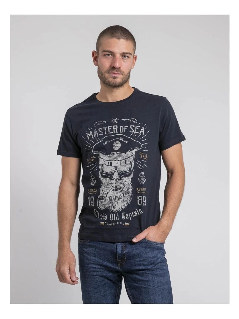 T shirt col rond pur coton JIMOSCAR Bleu marine