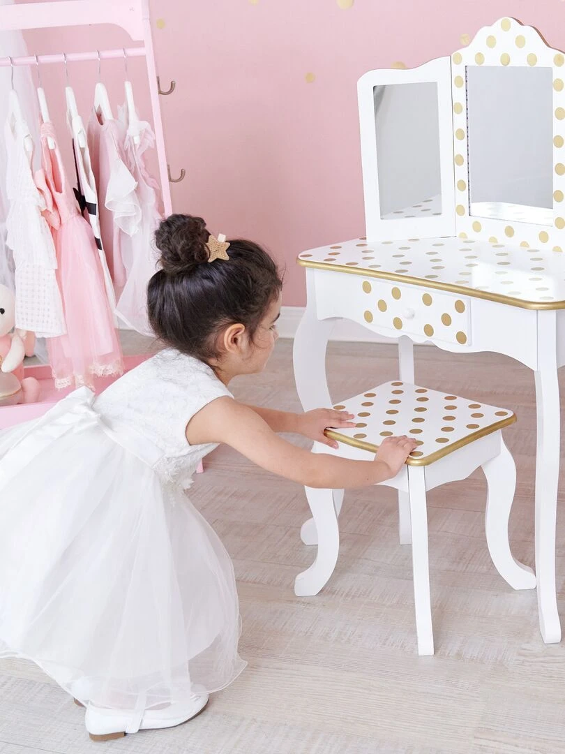 Coiffeuse enfant en bois table maquillage miroir éclairage tabouret Fantasy Fields Teamson Blanc