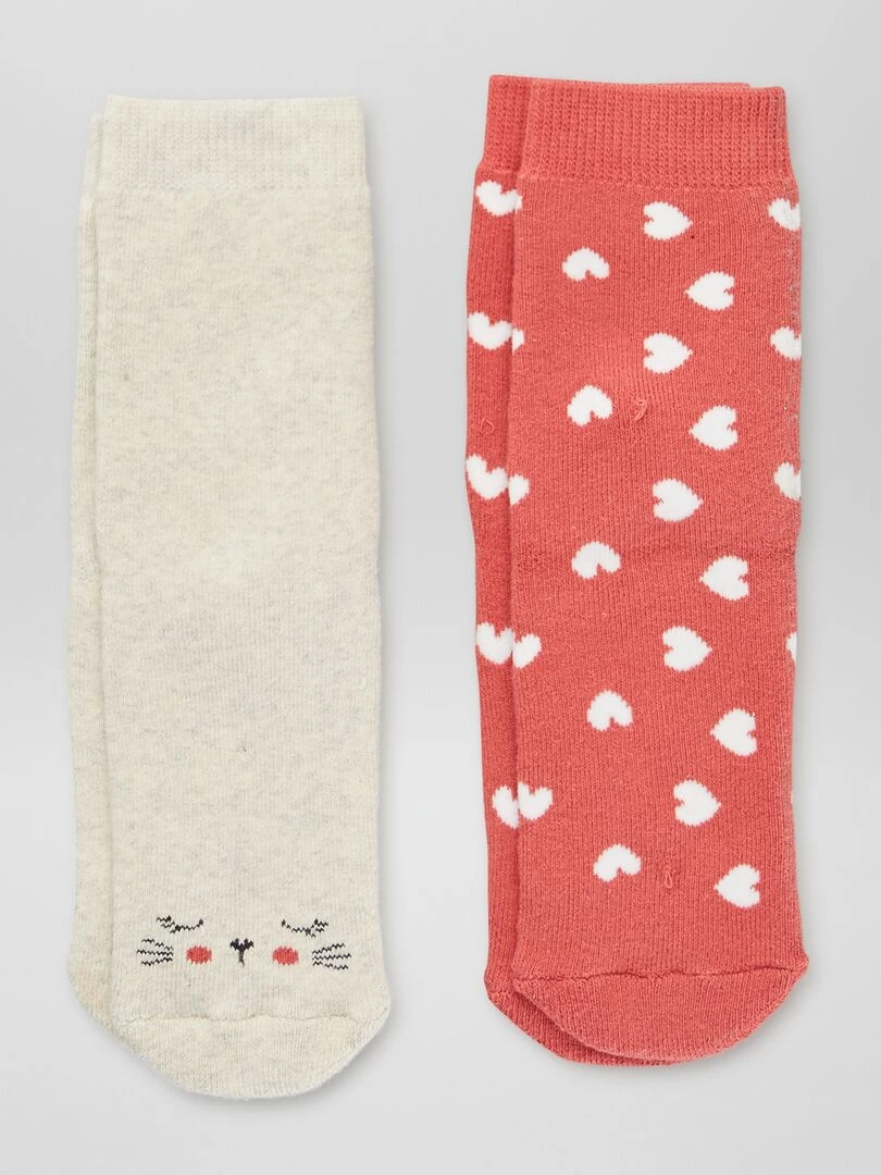 Lot de 2 paires de chaussettes 'coeurs' et 'chat' Rouge/beige