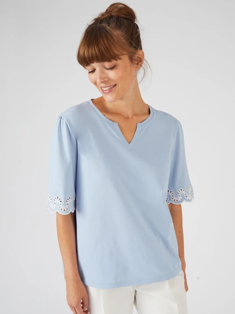 Tee shirt imprimé détails brodés.   Damart   Bleu gris
