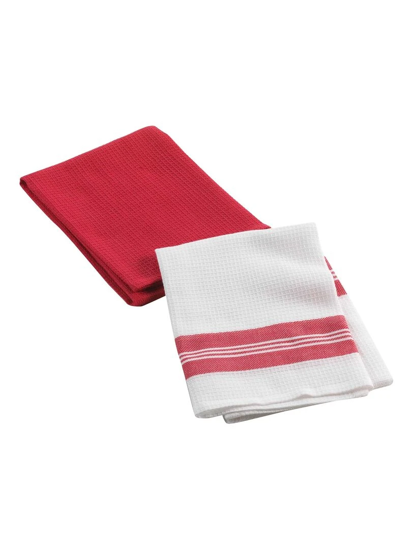 Lot de 2 torchons Collection Nid d'abeille bicolore Rouge