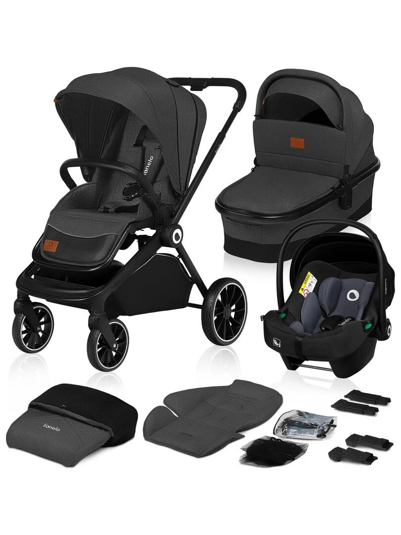 LIONELO Mika Poussette bébé 3en1 De 0 à 48 mois Poussette Nacelle Siège auto Gris foncé Gris foncé