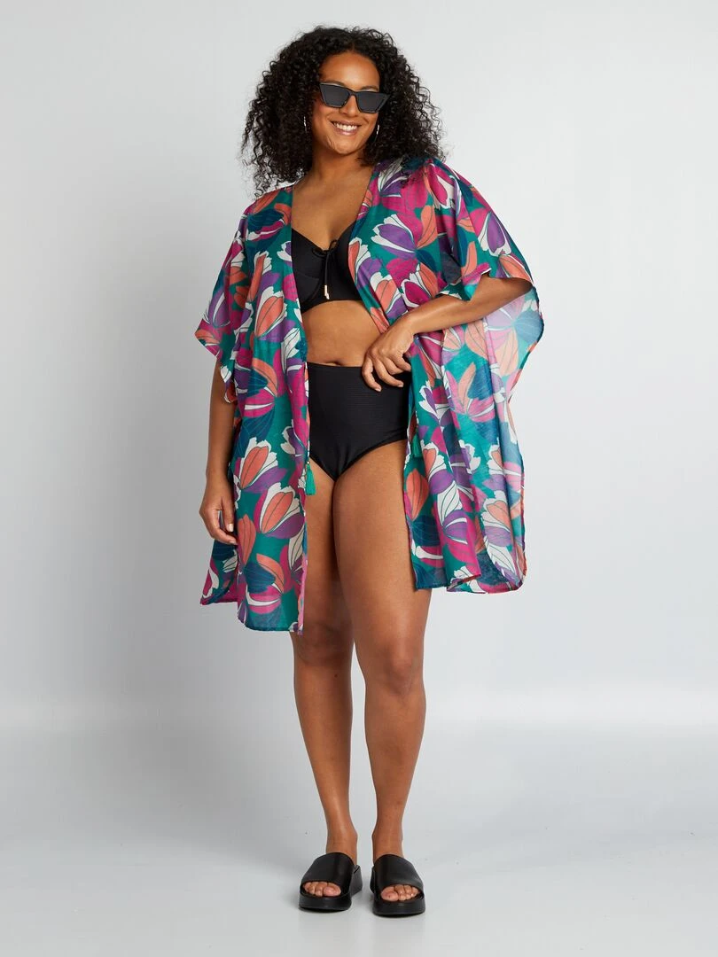 Robe de plage ouverte imprimé maxi fleurs Vert