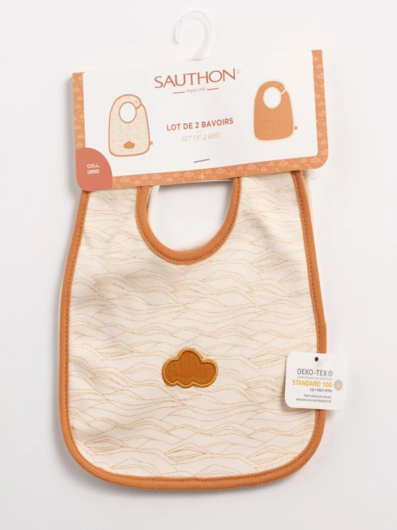 Lot de 2 bavoirs en coton décor nuage SAUTHON Marron