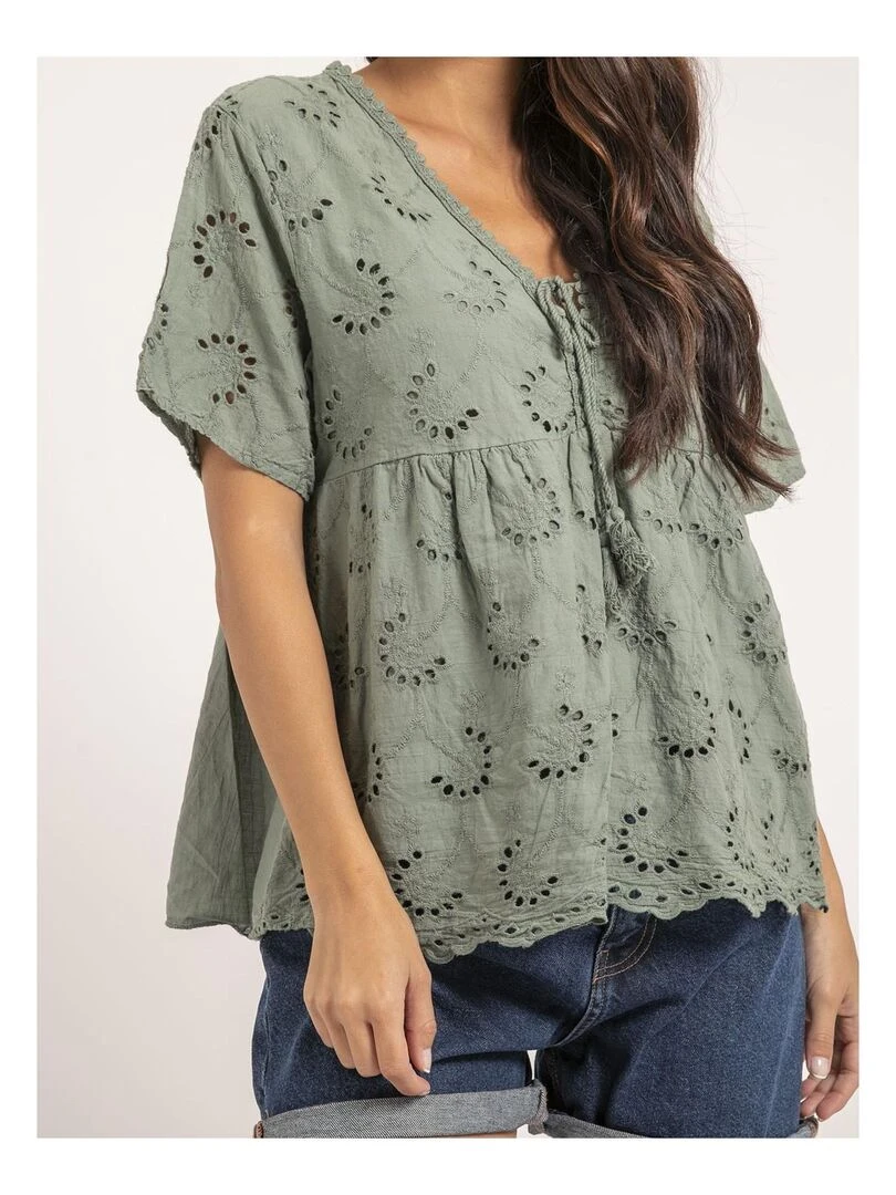 Blouse manches courtes broderies anglaises FEBO   Kaki