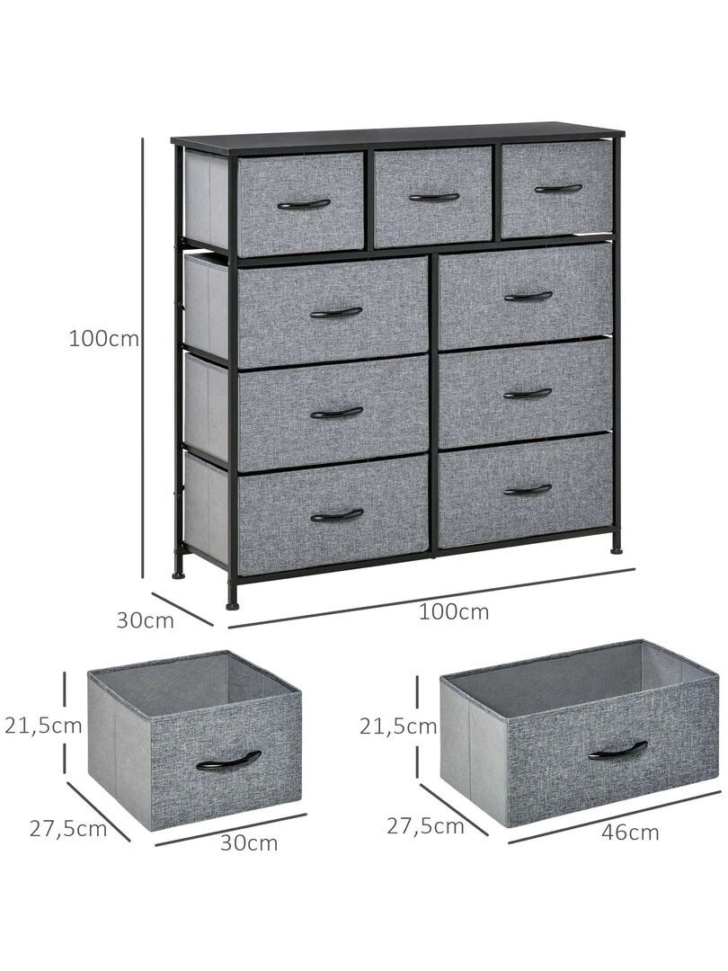 Rangement commode 9 tiroirs plateau acier MDF noir non tissé gris   Gris