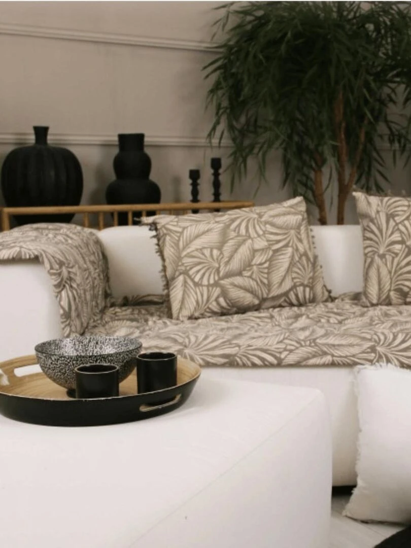 Coussin motif feuilles exotiques   Taupe