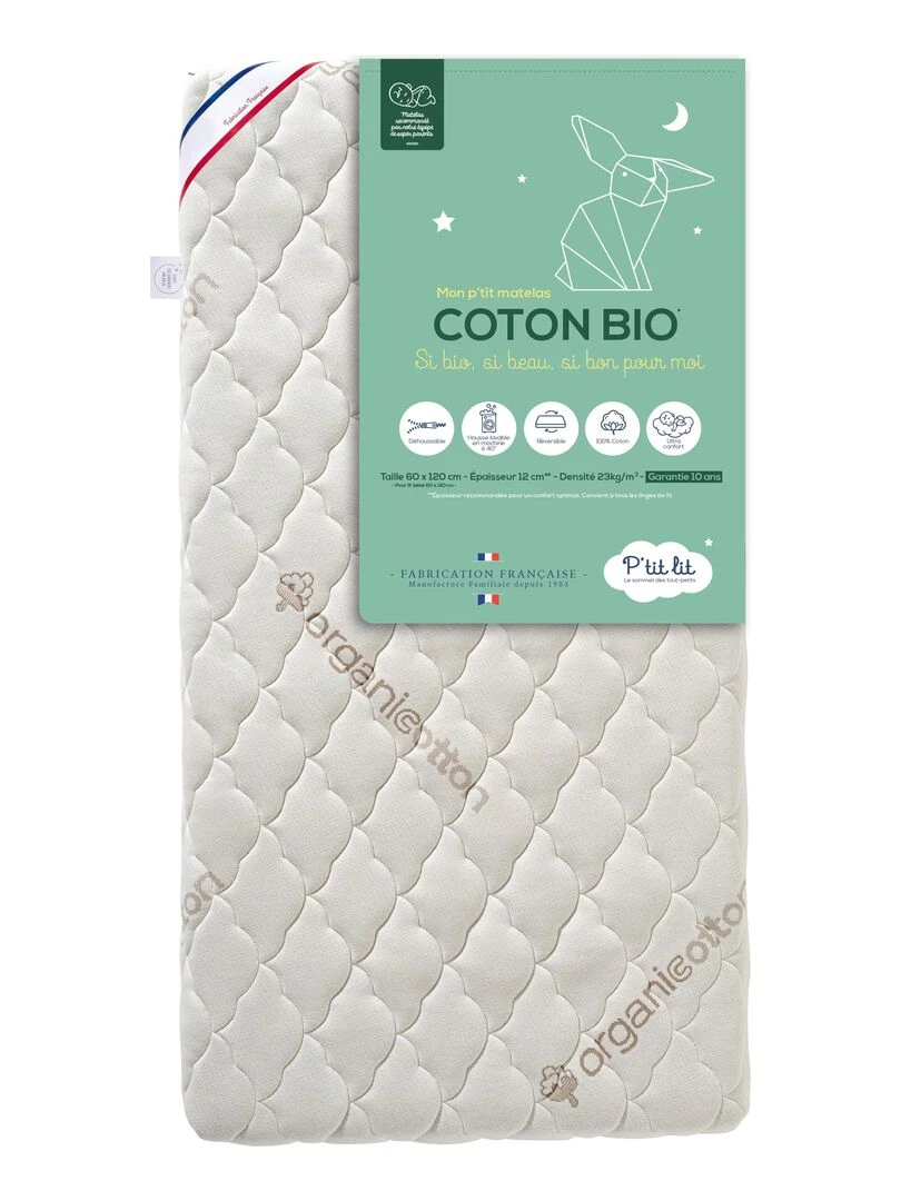 Matelas Bébé Coton Bio 60x120x10 cm Déhoussable Blanc