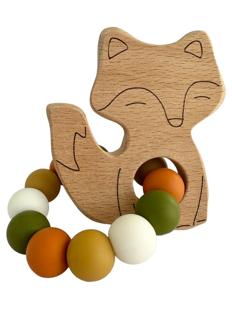 Hochet renard bois et silicone Kaki