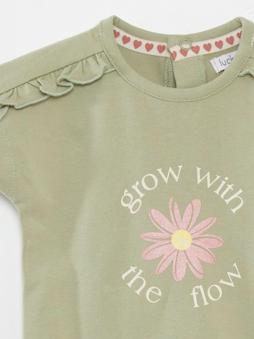 Ensemble T shirt imprimé + short en maille   2 pièces   vert/beige