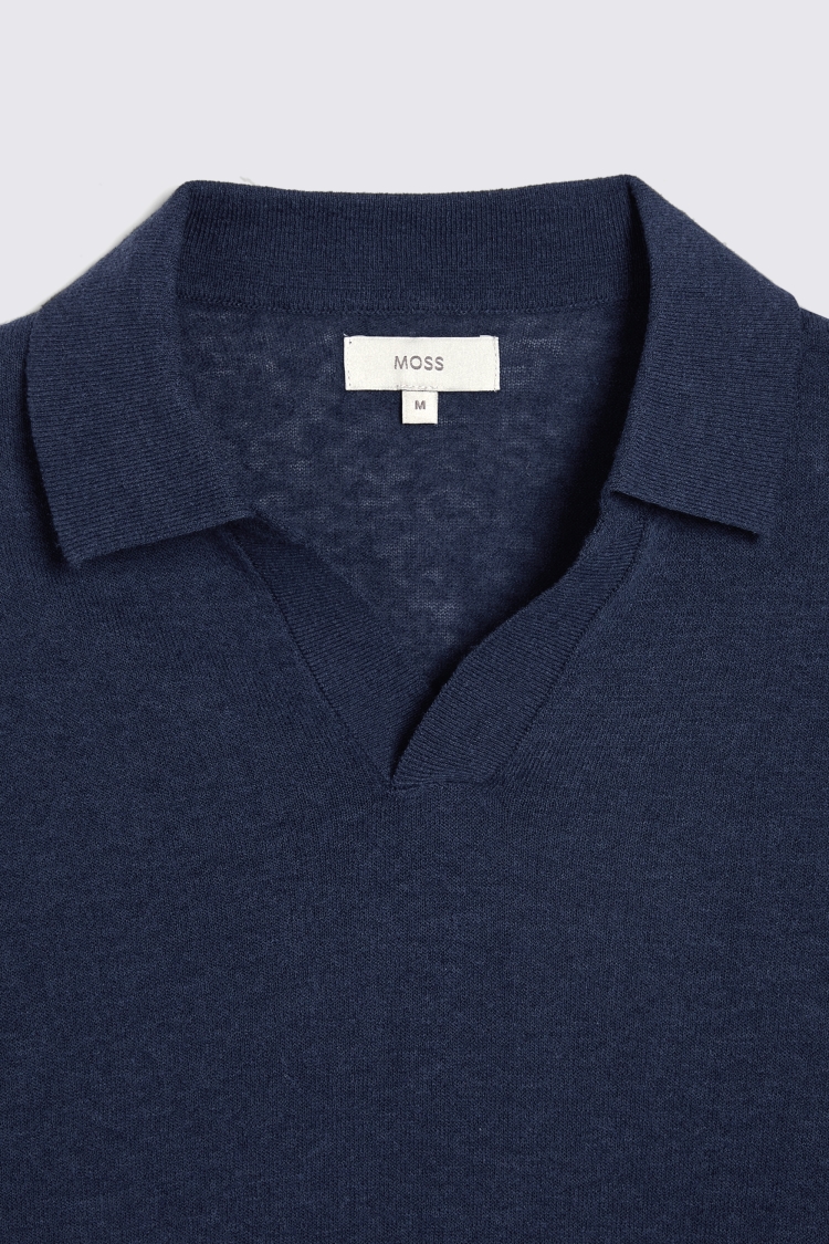 Linen Blend Ink Blue Skipper Polo   Buy Online at Moss