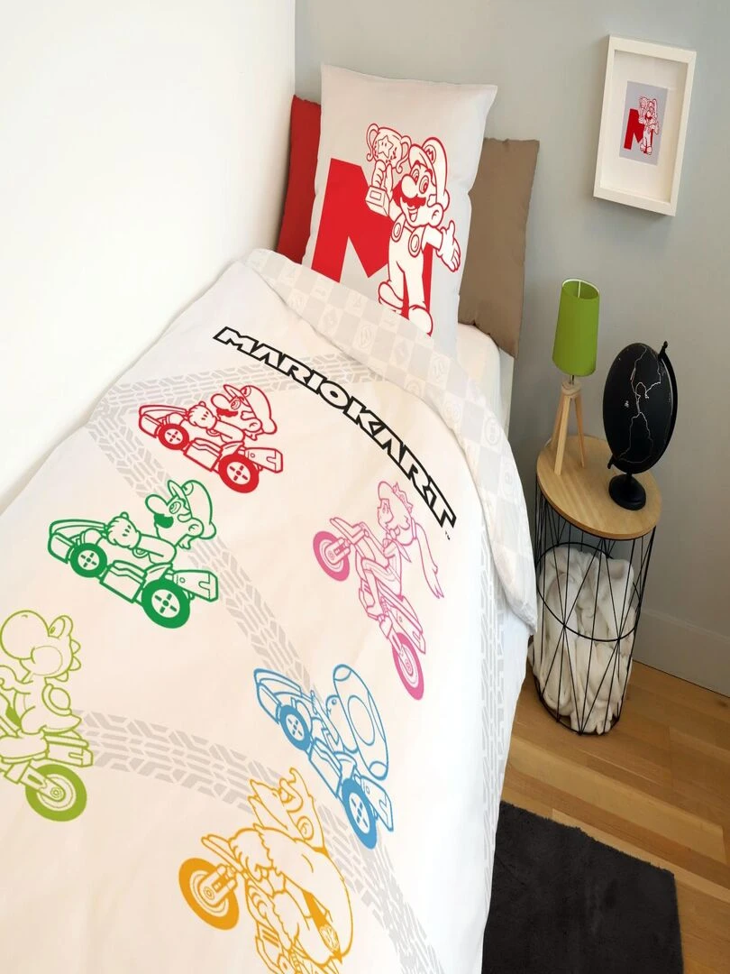 Housse de couette Mariokart Rainbow 140x200 cm et taie d'oreiller 100% Coton Blanc