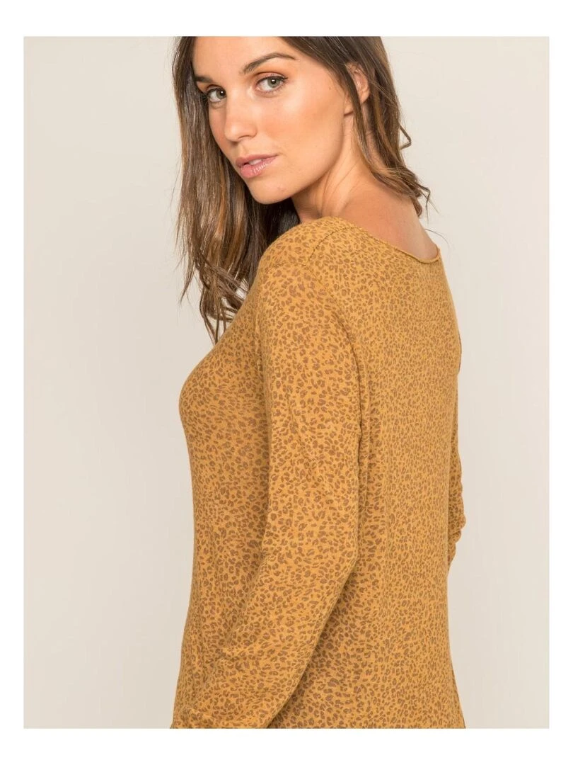 Pull fin col rond motifs KIMBA   Moutarde