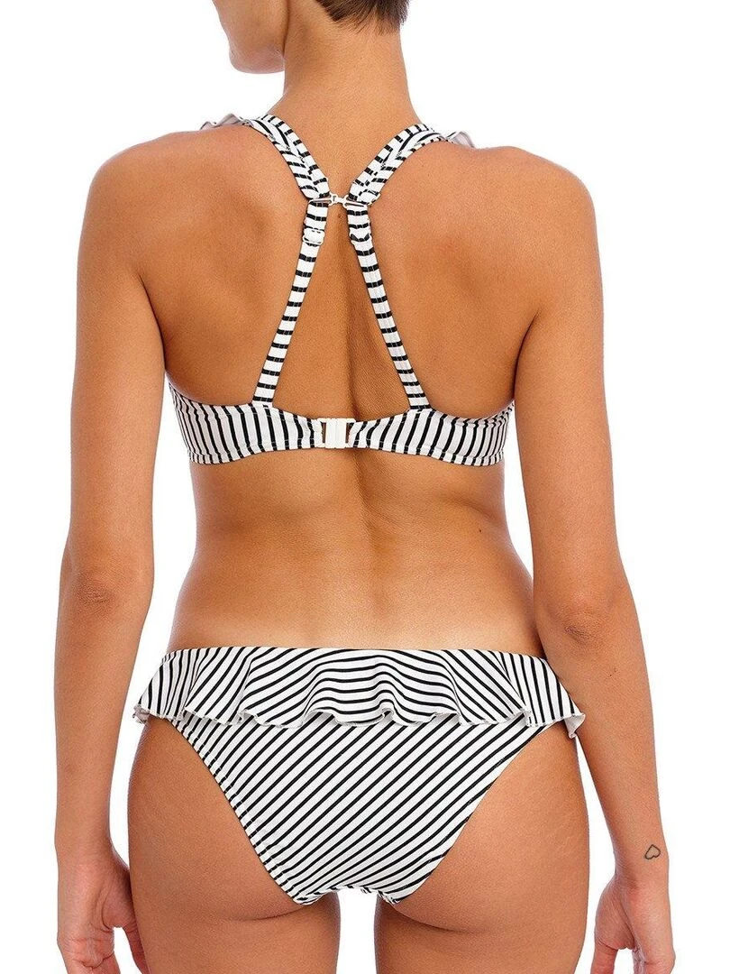 Haut de maillot rayé décolleté plongeant à volant Jewel cove   Blanc