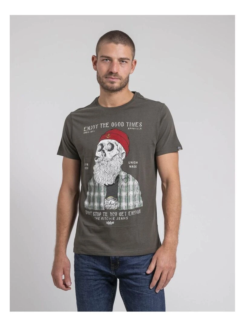 T shirt col rond pur coton JORUSTIX Kaki