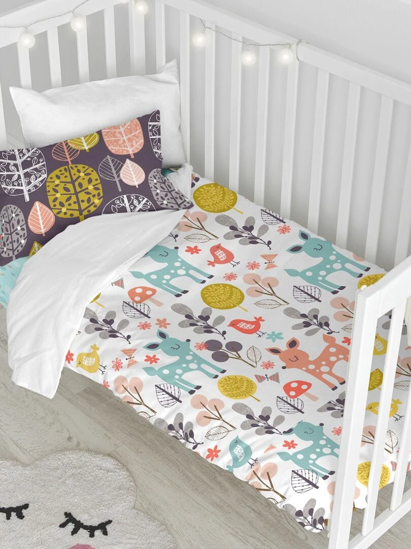 Parure housse de couette 2 pièces Woodland Lit Bébé "Happyfriday" Bleu Jaune