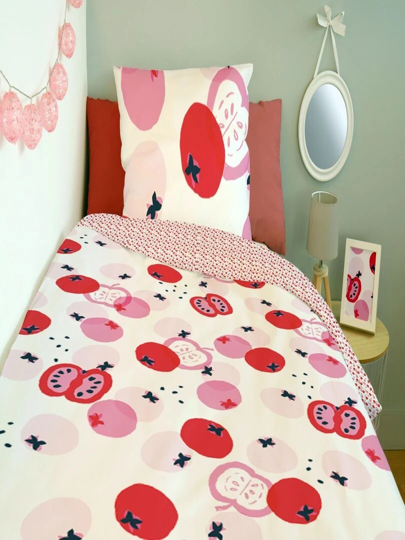 Housse de couette Catimini Pommes 140x200 cm et taie d'oreiller   100% Coton   Blanc